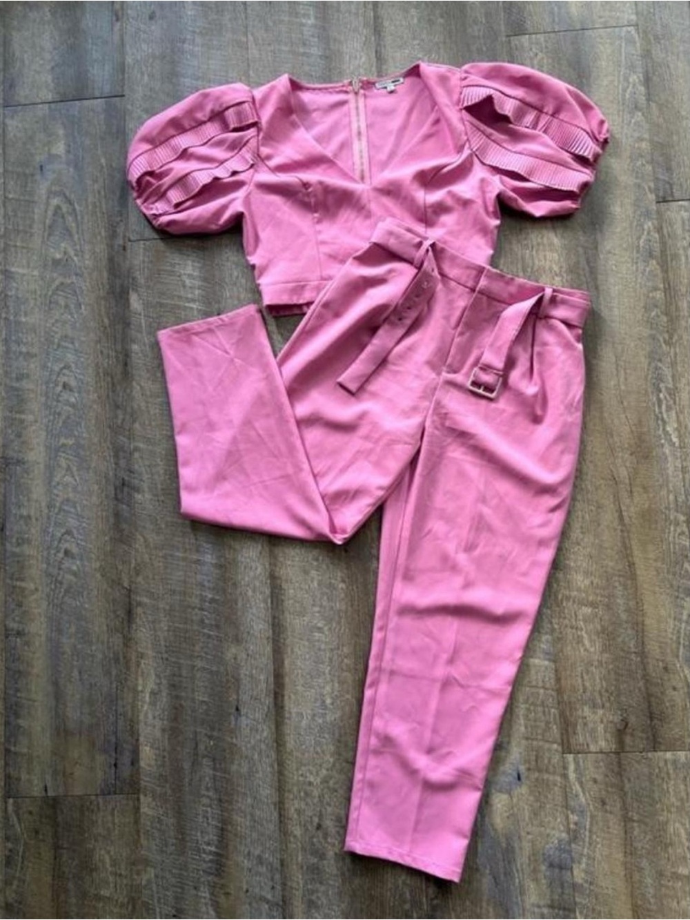 Fashion Nova Pink High-Waist Belted Trousers with Puff-Sleeve Crop Top